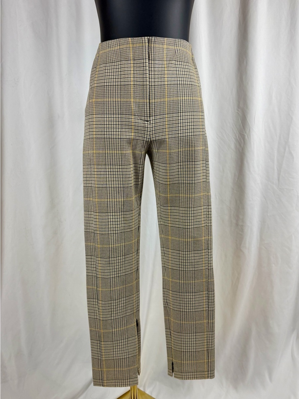 Ann Taylor Beige Plaid Straight-Leg Pants with ankle zipper detail